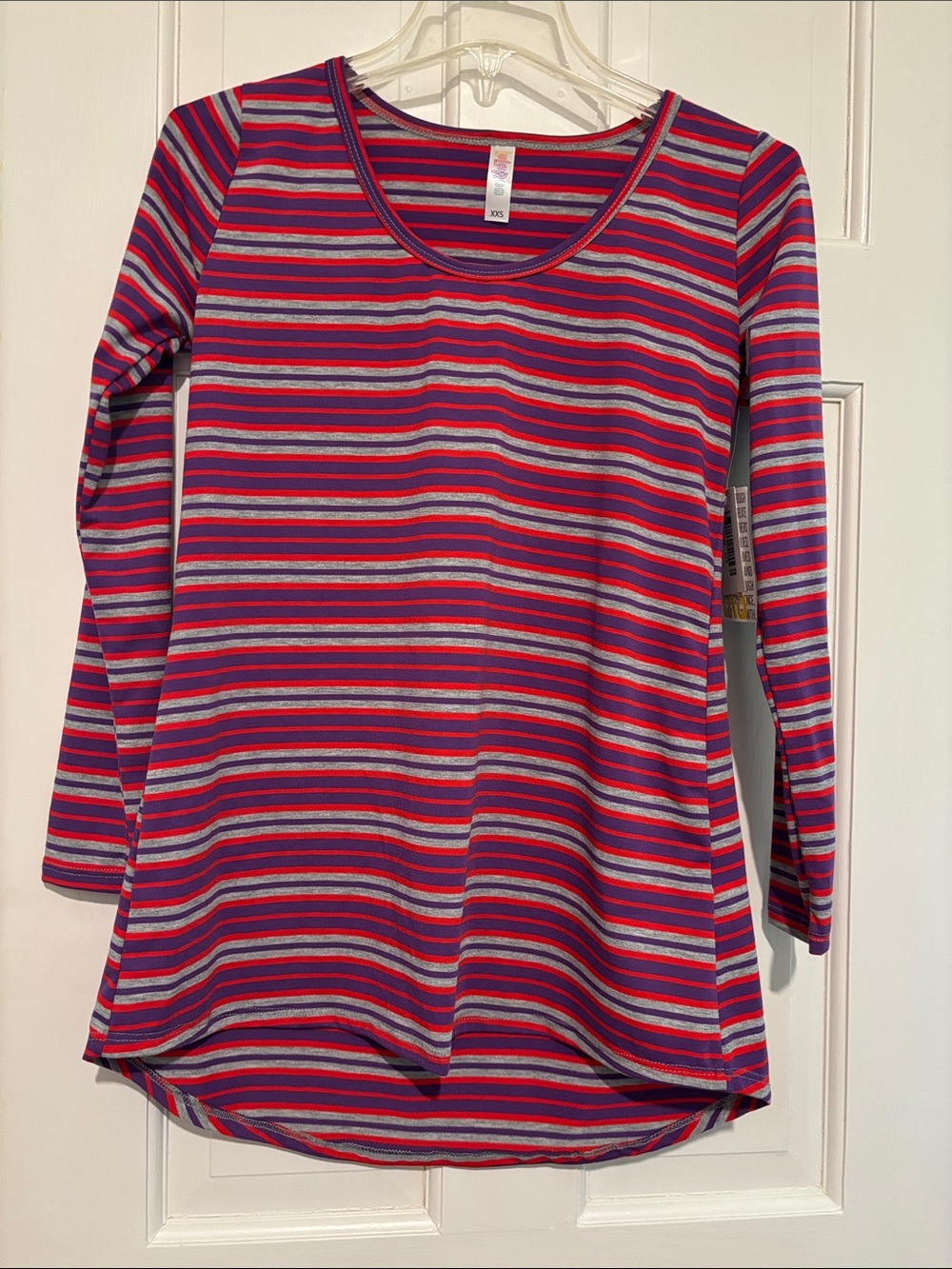 LuLaRoe Long Sleeve Scoop Neck Tee - Purple, Pink & Gray Stripes